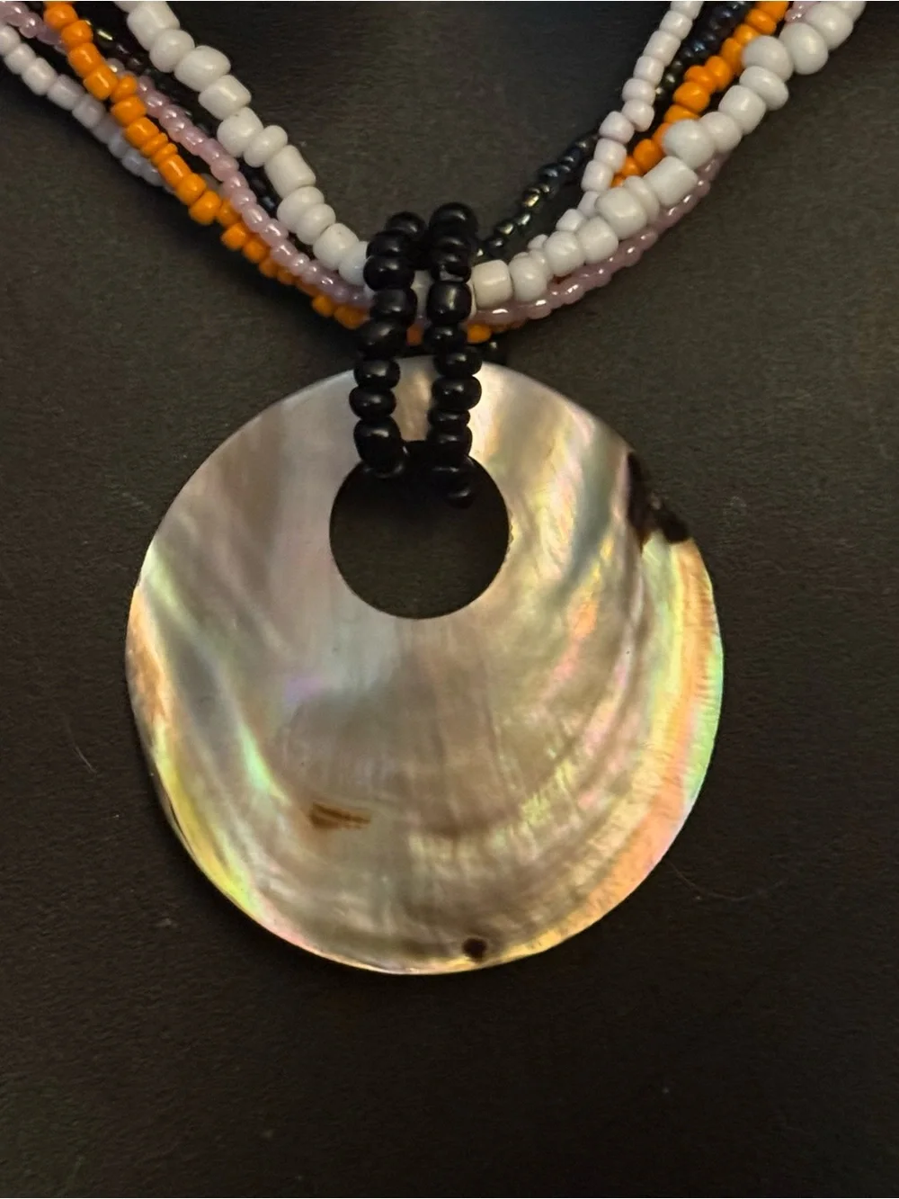 Multi strand seed bead mother of pearl shell pendant necklace
